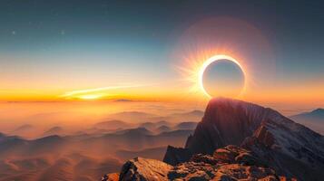 Solar eclipse over mountain landscape at sunrise. Solar phenomenon over mountainous terrain at dawn. Concept of nature, celestial event, scenic beauty, and astronomy photo