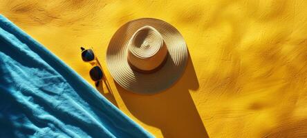 Straw hat and sunglasses on a vibrant yellow and blue background. Summer essentials for sunny days. Concept of beach gear, summer style, and vibrant vacation. photo