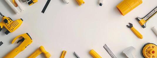Various construction tools on a white background. Concept of building, repair work, engineering, craftsmanship, hand tools. Top view. Copy space photo