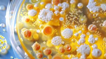 Petri dish with colorful microbial growth. Scientific laboratory experiment. Concept of microbiology, biochemistry, science research, microbial life photo