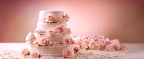 Elegant Three-Tier Wedding Cake Adorned with Pink Roses on Soft Pink Background. Copy space photo