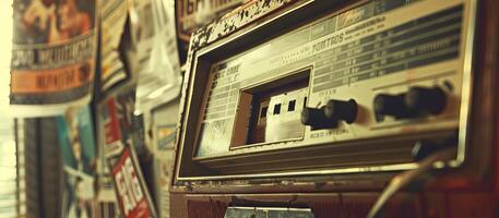Clásico radio conjunto en antiguo Tienda estante rodeado por retro carteles concepto de retro casete cinta jugador, música cosas memorables, histórico bandas sonoras, y cultural nostalgia foto
