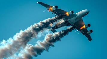 Airplane with engine on fire during flight. Aircraft experiencing inflight engine fire. Burning plane. Concept of aerospace safety, emergency procedures, disaster response photo
