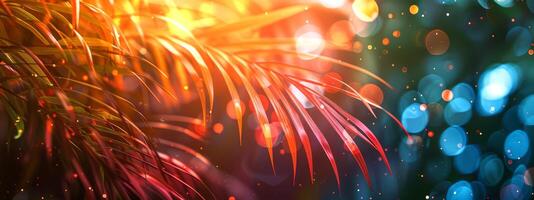 Bright summer tropical background with colorful palm leaves and bokeh effects. Trendy botanical wallpaper with blue, pink, yellow colors. Festive mood. Wide banner. Space for text. Mockup for design photo