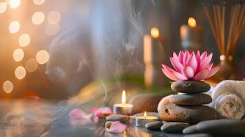 Serene setup of zen stones, lotus flower, and candles, creating a peaceful meditation space. Concept of tranquility, spiritual wellness, and calming environment. Copy space photo