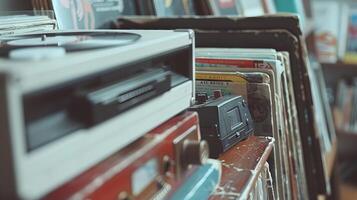 Vintage Vinyl Records and Classic Cassette Tapes in a Cozy Music Store. Concept of retro cassette tape player, music memorabilia, historical soundtracks, and cultural nostalgia photo