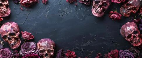 Colorful skulls and flowers frame on dark background. Sugar skulls with botanical elements. Concept of Day of the Dead, floral design, Halloween. Greeting card, postcard, banner. Space for text. Art photo