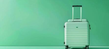 Modern green luggage set on a green backdrop. Suitcase ready for travel. Concept of travel, vacation, simple design, journey preparation, minimalism. Wide Banner. Copy space photo