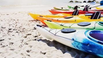 Multiple kayaks in various colors lined up on a beachfront. Colorful watercraft on the shore. Concept of kayaking, ocean activities, and lively beach scenery photo
