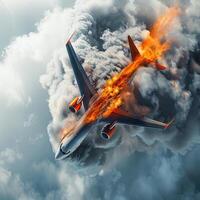 Airplane engulfed in flames descending in cloudy sky. Aircraft on fire falling through the clouds. Concept of aviation accident, emergency situation, danger. Burning plane photo