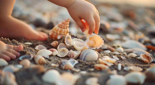 Kid playing with shells on a beach. Child enjoying the seaside with seashells. Concept of childhood, beach fun, nature exploration, innocence photo