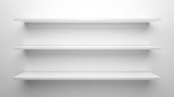 Modern minimalist white wall shelves design. Concept of interior decoration, home organization, clean and simple aesthetic. Copy space. Mockup. Empty Shelves on a White Wall photo