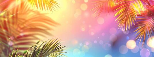 Bright summer tropical backdrop with colorful pastel palm leaves and bokeh effects. Trendy botanical wallpaper with blue and pink colors. Wide banner. Copy space. Mockup for design. Vibrant art photo