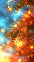Bright summer tropical botanical background with colorful palm leaves and bokeh effects. Trendy wallpaper with vibrant colors. Space for text. Mockup for design. Vertical format photo