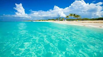 Tropical beach with palm trees and clear turquoise water. Ideal for vacation themes, travel promotions, and serene landscape designs photo