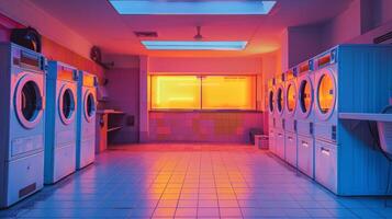 High-tech laundromat featuring sleek machines and neon illumination. Futuristic and efficient laundry space. Concept of modern amenities, technological advancement, public service. photo