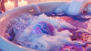 Purple bath bomb dissolving in a bathtub with soft candle lighting. Fizzy bath bomb creating a luxurious bath experience. Concept of indulgence, freshness and relaxation in a spa setting. photo