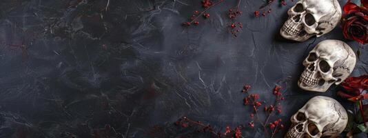 Three skulls on a dark textured background with red floral accents. Skulls arranged on a black backdrop with red berries. Concept of Halloween decor, Gothic theme, eerie aesthetic. Banner. Copy space photo