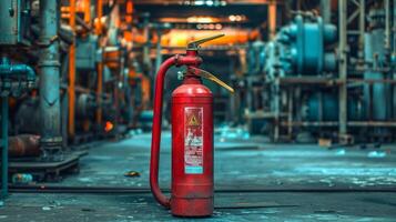 Worn red fire extinguisher in an industrial setting. Safety equipment in a factory environment. Concept of emergency preparedness, safety measures, fire prevention, industrial maintenance photo