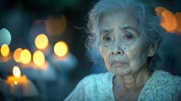 Elderly Asian woman with sad expression against night background with lights. Mature woman looking pensive in dimly lit setting. Concept of loneliness, aging challenges, emotional depth. Copy space photo
