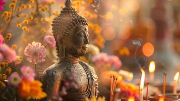 Meditative Buddha statue among flowers. Tranquil Buddhist sculpture. Symbol of Buddhism. Concept of Zen, meditation, religion, peace, spiritual enlightenment. Banner. photo