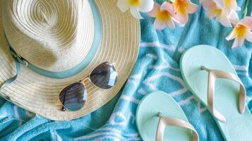 Beach essentials with a straw hat, sunglasses, and flip-flops. Summer vacation accessories on a patterned towel. Concept of travel, holiday, beachwear, and relaxation photo