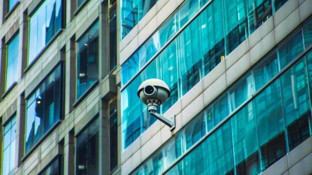 Close-up of a security camera on a modern office building exterior. Surveillance technology. Concept of safety, urban security, modern architecture, monitoring photo