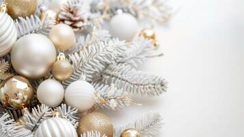 Decorated Christmas tree with white and gold ornaments. Isolated on a white background with space for text. Holiday, Christmas, decoration, elegant design concept photo