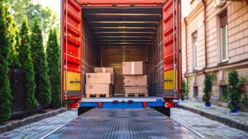 Boxes prepared for shipping inside an open delivery truck. Logistics, transportation, parcel service, packaging preparation concept photo
