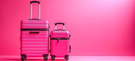 Two modern pink luggage sets on a pink background. Two suitcases ready for travel. Concept of travel, vacation, simple design, journey preparation, minimalism. Wide Banner. Copy space photo