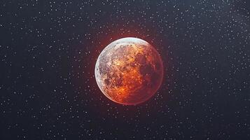 Total lunar eclipse showing the moon in deep red color, framed against star-filled sky, emphasizing vivid color contrast and celestial wonder. Concept of eclipse, space phenomena, astronomy event photo