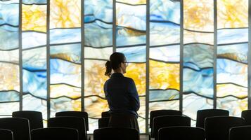 Woman standing in a conference hall with a modern display. Female in a dark blue shirt observing colorful digital artwork. Concept of contemplation, modern art, conference, indoor setting photo