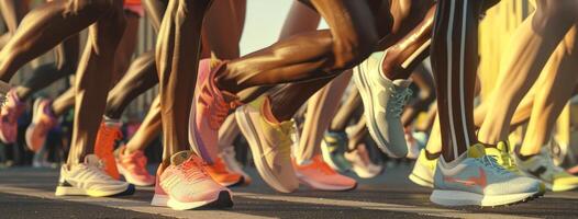 Muscular legs in action during a race, with a close-up on the track, motion. Athlete's legs running. Concept of competition, speed, dynamic movement, and athleticism photo