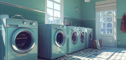 Vintage-style laundry room with turquoise machines and retro tiling. Nostalgic laundromat design. Concept of retro decor, vintage appliances, and charming laundry spaces. photo