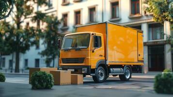 Yellow delivery truck with open back, cardboard boxes on the street. Logistics, shipping services, urban delivery, transportation concept photo