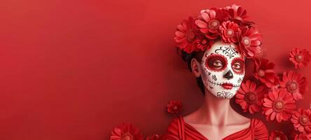 Woman decorated with Day of the Dead makeup on red backdrop. Female with Dia de los Muertos face paint. Concept of cultural celebration, traditional art, Halloween. Banner. Copy space photo
