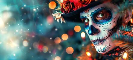 Man with Day of the Dead skull makeup. Male with Dia de los Muertos face paint. Concept of Mexican culture, holiday celebration, traditional festival, Halloween. Space for text photo