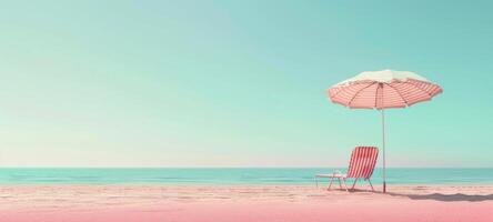 Sandy beach with umbrella and chair. Beach chaise lounge and umbrella against blue sky. Concept of peaceful retreat, seaside relaxation, vacation ambiance, and leisure. Banner. Copy space photo