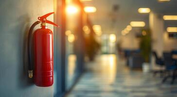 Red fire extinguisher mounted on a wall in a modern office hallway. Safety equipment for emergency situations. Concept of fire safety, emergency response, workplace safety, preparedness. Copy space photo