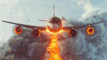 Airplane engulfed in flames descending in cloudy sky. Aircraft on fire falling through the clouds. Concept of disaster, aviation accident, emergency situation, danger. Burning plane photo