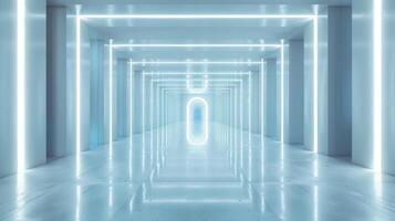 Futuristic hallway with glowing white neon lights stretching into the distance. Concept of modern architecture, technology, endless space, minimalism. Light at the end of the tunnel photo