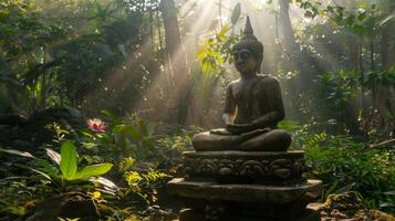 Buddha statue meditating in lotus position in a natural setting. Buddhist sculpture in serene landscape. Concept of Zen, meditation, religion, spiritual awakening. Copy space photo