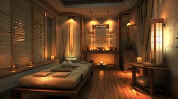 Relaxing spa setting with soft lighting and massage tables. Cozy interior in Japanese style. Concept of spa treatments, massage room, relaxation, and interior design. photo