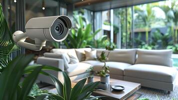 Modern security camera in a stylish living room with lush indoor plants. Concept of home surveillance, interior security, technology, smart home decor photo