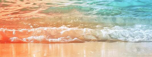 Tranquil beach with turquoise waves. Calm seashore with colorful clear waters. Concept of nature, relaxation, tropical destinations, vacation. Wide banner. Copy space photo