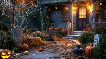 Spooky front yard with Halloween pumpkins and decorations. Concept of Halloween, autumn, spooky decor, festive ambiance photo