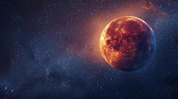 Red moon glowing in a starry sky. Crimson lunar surface amidst stars. Concept of space, astronomy, celestial phenomena, beauty. Copy space photo