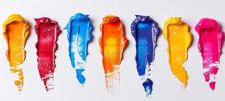 Colorful oil paint strokes in a row on a white background. Concept of vibrant art, painting materials, creative expression, abstract design. Paint stains isolated on white photo