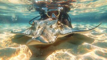 Diver and stingray meet on a sunlit sandy bottom. Marine life interaction captured underwater. Concept of aquatic wildlife, ocean exploration, and respectful wildlife encounters. photo