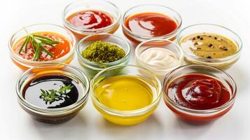 Small glass bowls filled with colorful sauces on a white background. Culinary variety, food presentation, cooking, condiment concept photo